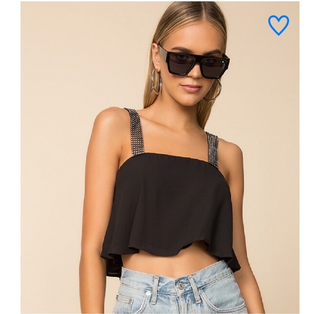 Superdown Black Crop Top with Rhinestone Straps